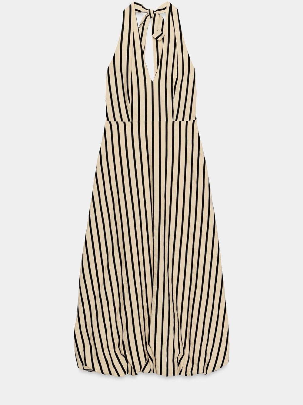Zara Cream and Black Striped Midi Dress with Tie Neck